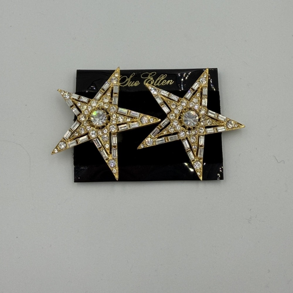 Vtg Sue Ellen Star Clip On Earrings Gold Tone Swaroviski Rhinestone Celestial